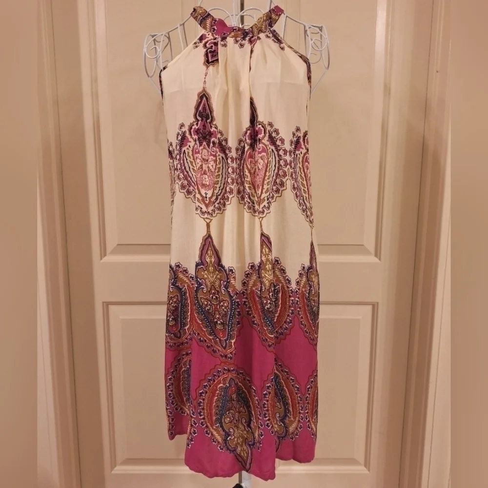 Paisley Print A-Line Swing Halter Dress MultiColor Pink Ivory Blue - Picture 2 of 6